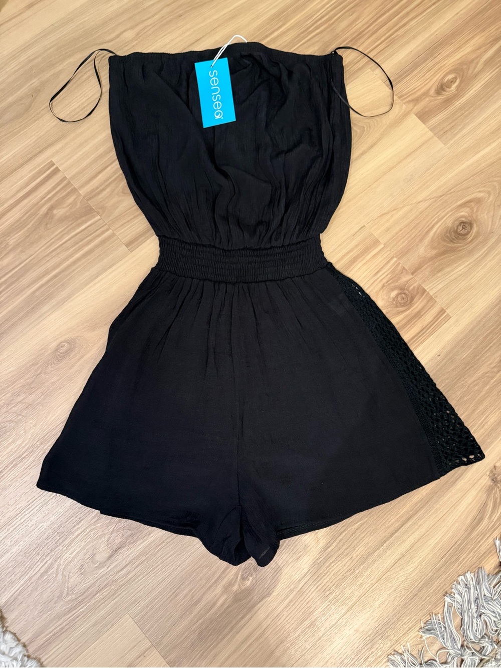 NWT Sensea Black Gauze Strapless Romper Crochet Lace Side Panels size L NWT